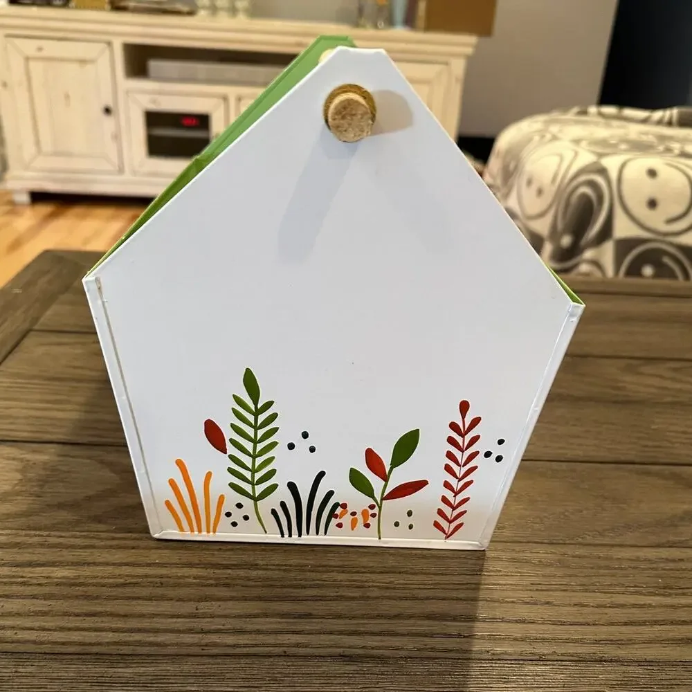 White Hand Painted Floral Metal Caddie With Wooden Handle